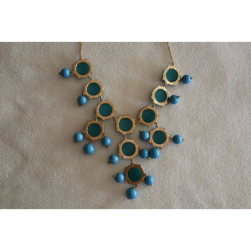 2 Tone Statement Bib Necklace Green Blue Acrylic Bubble Gold Tone Chunky 25